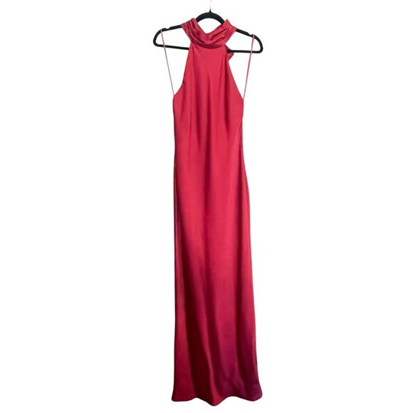 Ramy Brook $645 Tatiana Red Satin Halter Maxi Dress Bow Backless Gown Sz 6 NEW - Picture 5 of 10